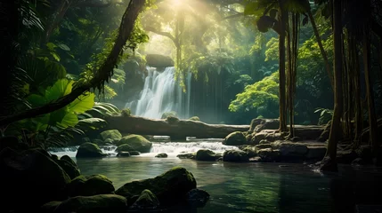 Fotobehang Beautiful waterfall in tropical rainforest. Panoramic view. © Iman