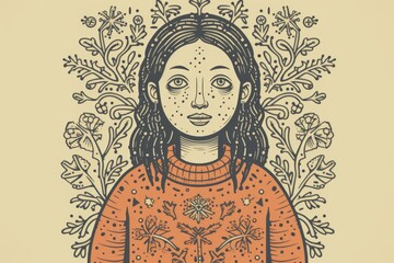 Illustration of a girl standing over a grey background touching red damaged skin, demonstrating itchy skin, allergy, and skin problems.