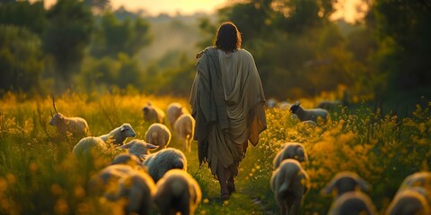 Jesus Christ as a Shepherd: Protecting and Grazing Sheep and Goats in a Green Field. Concept Christianity, Jesus Christ, Shepherd, Biblical, Field - obrazy, fototapety, plakaty