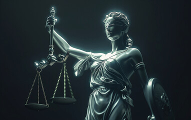Statue of Lady Justice Holding a Scale of Justice in a Courthouse background banner for text. - obrazy, fototapety, plakaty