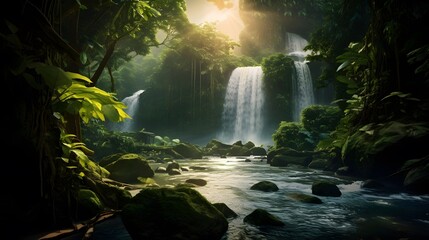 Panoramic view of a waterfall in a tropical rainforest at sunset