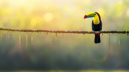  A toucan perched on a branch, droplets of water dangling from its feathers, showcasing its vibrant plumage