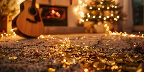 Tinsel scraps scattered on living room carpet, enhancing the cozy space with a festive touch. Concept Holiday Decor, Festive Home, Cozy Atmosphere, Living Room Styling, Tinsel Accents