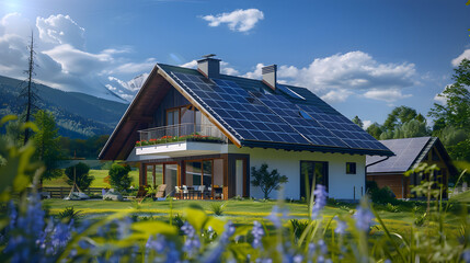 House with solar panels on the roof. Sustainable and clean energy at home