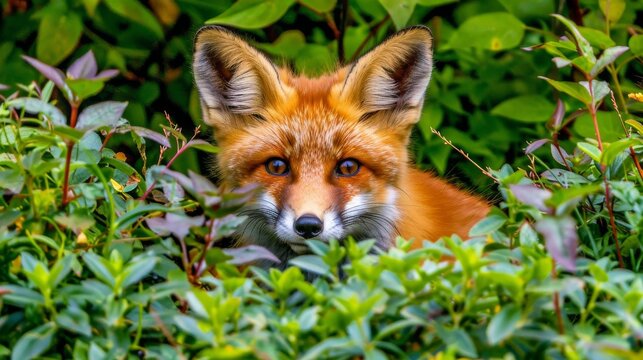  A photo of a fox, close-up, amidst tall grass and bushes Its gaze is melancholic as it faces the camera