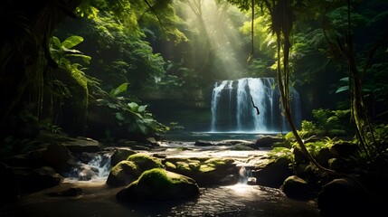 Panoramic view of beautiful waterfall in deep forest with sunlight shining through the trees