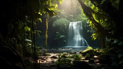 Panoramic view of beautiful waterfall in tropical rainforest at night