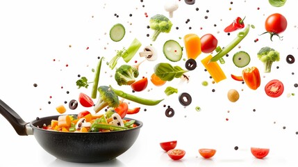Vegetables flying out of pan on white background, cooking concept, healthy eating