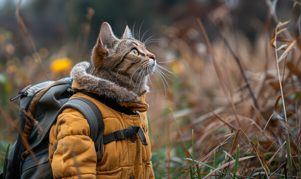 Bengal cat wearing beautiful clothes - standing outdoor in a  cinematic portrait pose