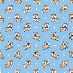 Cute shiba inu dog jumping with bone cartoon seamless pattern, vector illustration
