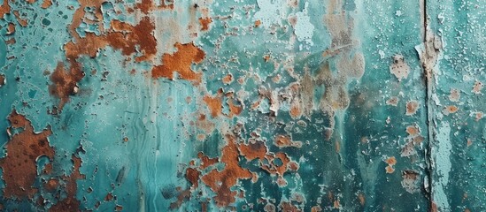 An urban design art piece featuring a rusted metal wall with a blue background, resembling the hues of azure and aqua water. The pattern and texture evoke a sense of decay in the cityscape