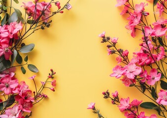 Vibrant Pink Spring Flowers on Sunny Yellow Background for Festive Design