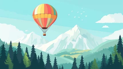 Stoff pro Meter Serene Landscape with Hot Air Balloon Over Snow-Capped Mountains and Pine Forest © Qstock