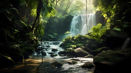 Panoramic view of a waterfall in a tropical rainforest at sunset