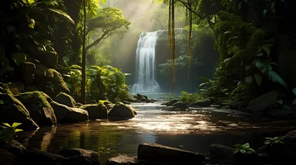 Wandcirkels tuinposter Panorama of a waterfall in a tropical rainforest, long exposure © Iman