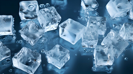 Ice cubes on blue background. Close up image of ice cubes. - Powered by Adobe