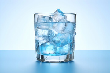 Glass of cold water with ice cubes on blue background. closeup