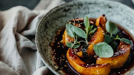   a fruitful bowl, adorned with peaches and fragrant herbs, set on a rustic cloth