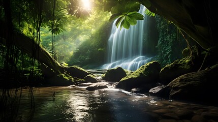 Panoramic view of a waterfall in the forest. Long exposure.