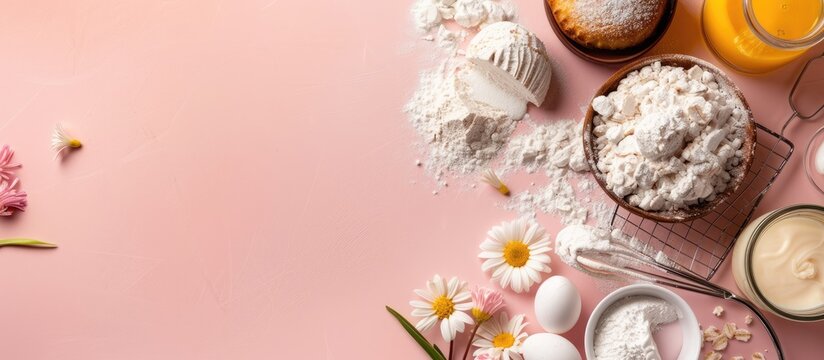 Baking ingredients arranged on a soft pink background in a flat lay style with space for text. Top view image for baking concept mockup.