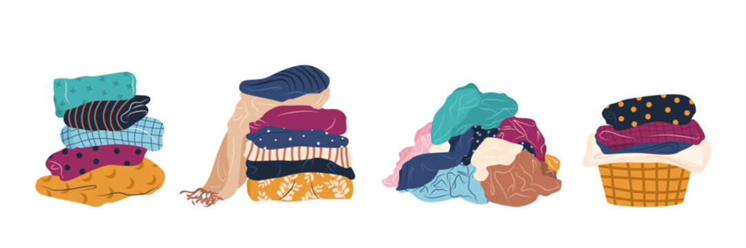 Stack of clean, ironed and dirty items of clothing. Set of folded multicolored clothes, apparel and garments, including sweaters, plaid, shirts, blanket. Isolated vector illustrations on white.
