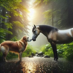 un chien nez à nez avec un cheval, dans une foret  lumineuse, ils se trouvent dans une rivière sous la pluie , légèrement brumeux à l'arrière  - obrazy, fototapety, plakaty