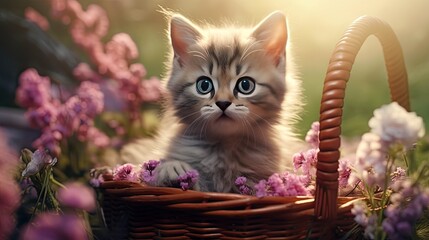 Small adorable cat in a basket in spring garden with flowers