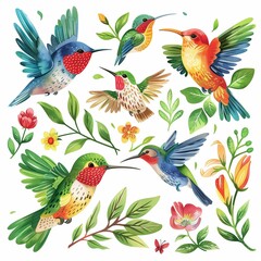 Colorful Hummingbirds and Tropical Flowers Illustration - Perfect for Spring Design Projects