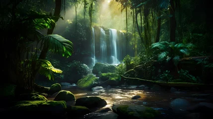 Fotobehang Panoramic view of a beautiful waterfall in a rainforest. © Iman