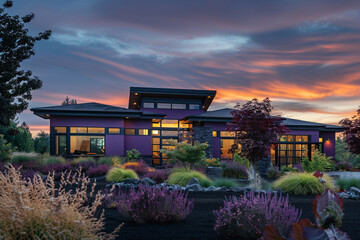 Striking contemporary home in deep purple against dusky sky, symphony of colors in front yard. Captured in stunning clarity, focusing on peaceful, inviting nature, no people.