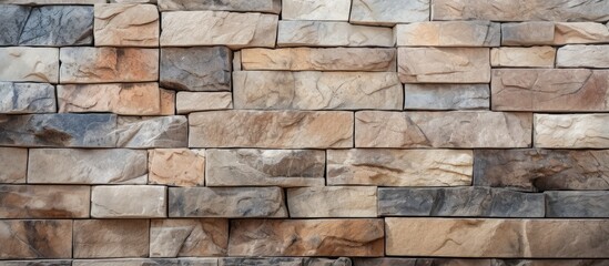 A detailed close up of a building material, brick wall showcasing various types of bricks including wood, composite material, rock, bedrock and natural materials in a rectangular brickwork pattern
