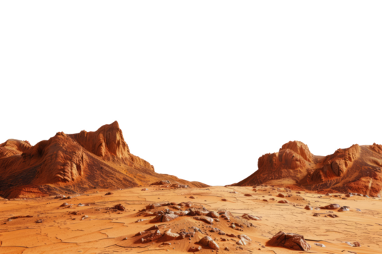 Martian landscape isolated on transparent background. Barren desert surface of red planet