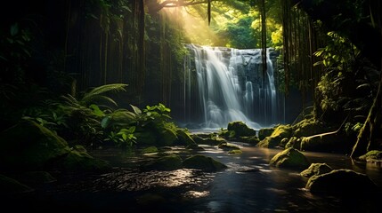 Panoramic view of beautiful waterfall in deep forest. Long exposure - obrazy, fototapety, plakaty