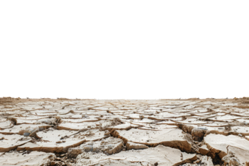 Dry and cracked soil in barren desert landscape isolated on transparent background. Lifeless wasteland due to climate change