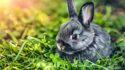  A rabbit sits in grass, eyes intense as it stares at camera - obrazy, fototapety, plakaty