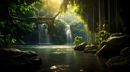 Panorama of a waterfall in a tropical forest with sunlight shining through the trees