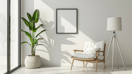 Modern Minimalist Interior with Plant and Chair, Blank Frame for Art Display