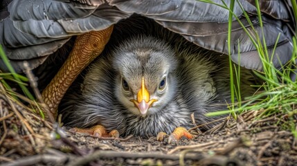 Naklejka na ściany i meble A bird in a grass-dirt nest, seen at eye level