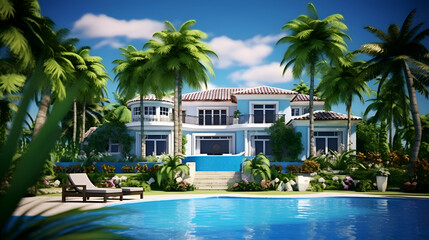 Luxury house with swimming pool and palm trees.