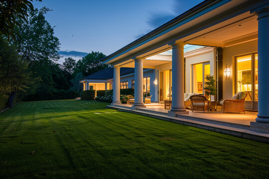 The exterior of an opulent residence glowing with interior light in the evening, a porch furnished with luxury furniture, and a meticulously groomed lawn, illustrating affluent lifestyle aspirations.