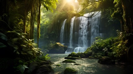 Fototapeta na wymiar Panoramic view of beautiful waterfall in tropical rainforest, Thailand