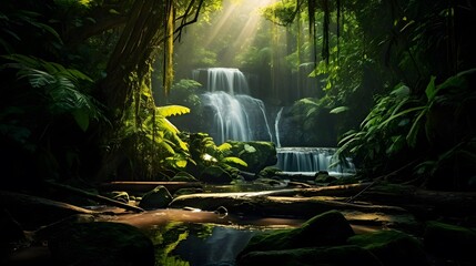 Panorama of a waterfall in a rainforest with sunbeams