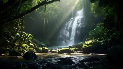 Outdoor kussens Panoramic view of a beautiful waterfall in a tropical rainforest © Iman