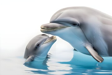 Obraz premium Dolphin Mother and Calf Close-up on White Background