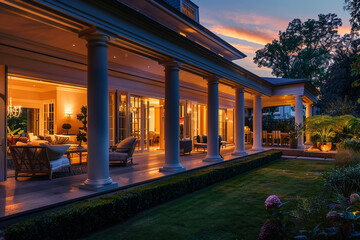 The glowing facade of a luxury residence at twilight, featuring a well-lit interior, a porch furnished with the finest outdoor decor, and a garden mirroring botanical perfection, captured expansively. - obrazy, fototapety, plakaty