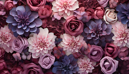 Pink and purple hydrangea flowers as background. top view