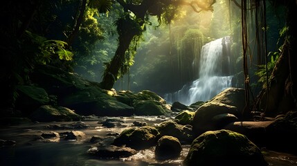 Panorama of a waterfall in the forest. Beautiful nature background.