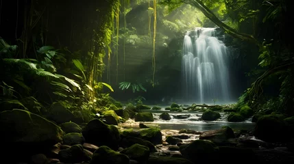 Tischdecke Panoramic view of a waterfall in a tropical rainforest at night © Iman