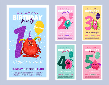 Collection of happy birthday party invitation cards with funny cartoon monsters. isolated vector template greeting designs for kids from 1 to 5 years old. Festive multicolored postcards.