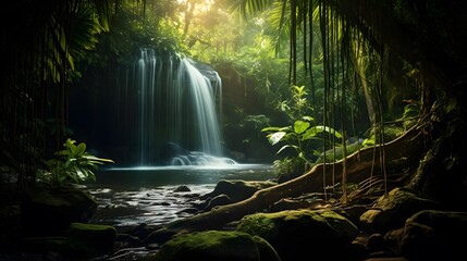 Beautiful waterfall in the jungle. Panorama of a waterfall in the forest. - obrazy, fototapety, plakaty